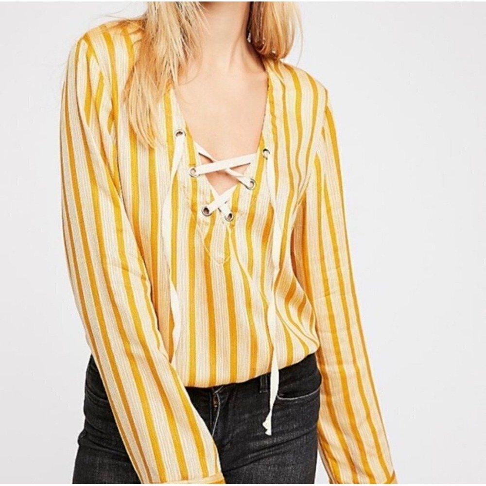 Intimately Free People Oh Boy Yellow Striped Lace Up Bodysuit Large Boho NWT
